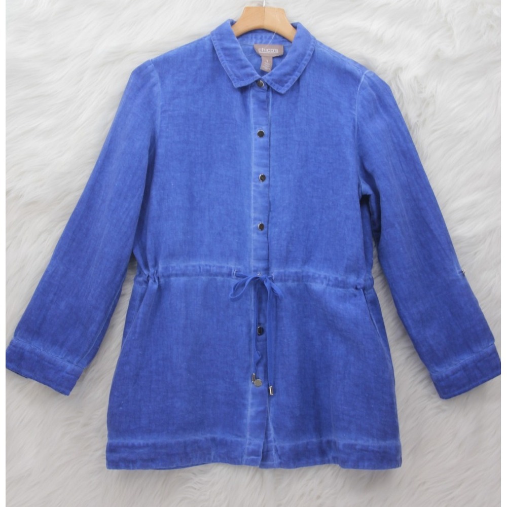 Chicos Button Front 100% Linen Shirt Jacket Blue Casual Womens Medium 1 Coastal - Picture 2 of 14